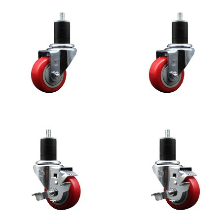Service Caster 3'' Red Poly Wheel Swivel 1-3/4'' Expanding Stem Caster Set 2 Brakes, 4PK SCC-EX20S314-PPUB-RED-2-TLB-2-134